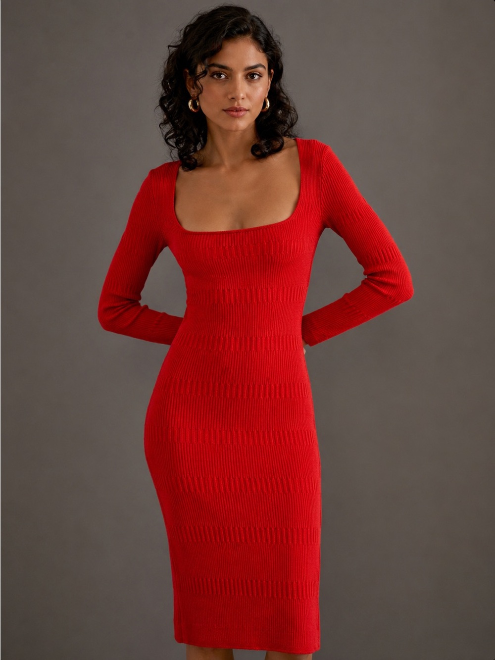 Red Ribbed Square Neck Long Sleeve Bodycon Dress